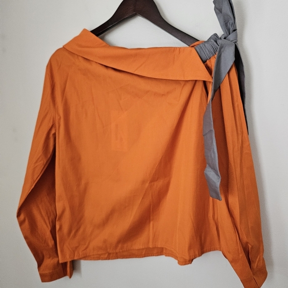 Harshman Blouse Liana Burnt Orange Tie Bow Off One Shoulder Poplin Fall Casual - Picture 10 of 14